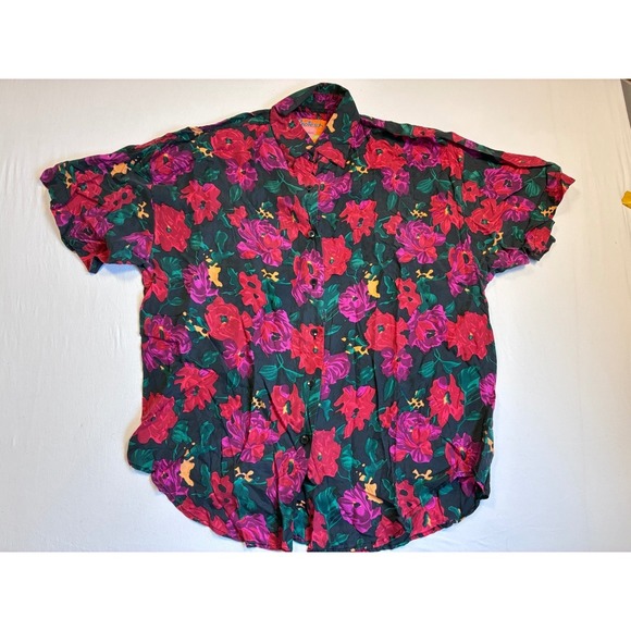 Protest Tops - VTG Protest Women's 100% Silk Floral Short Sleeve Button Up Blouse Medium M
